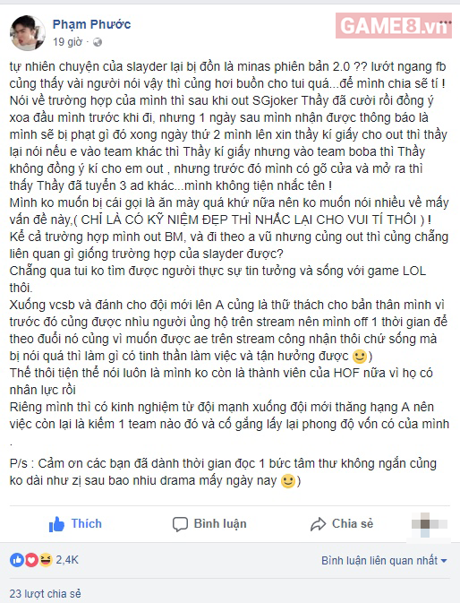 LMHT: Thông qua vụ việc Slayder, Minas kể lại chuyện cũ khi rời SAJ gia nhập BM, gián tiếp thông báo rời HoF