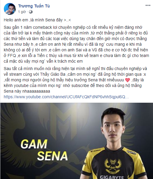 Sena chính thức rời SGD dù chưa đánh trận nào, nghỉ luôn thi đấu LMHT chuyên nghiệp 