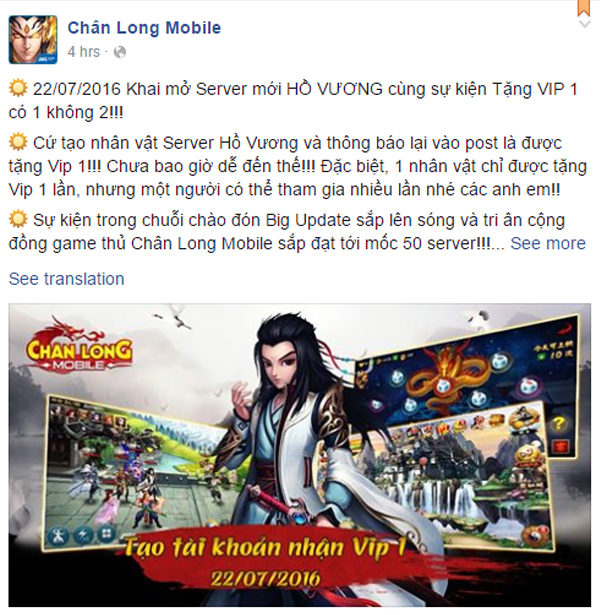 thông báo tặng vip chân long mobile