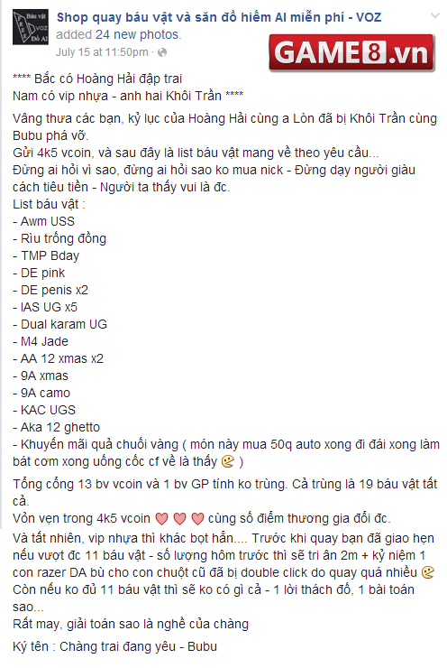  Kh&ocirc;i Trần nhận được 13 b&aacute;u vật với việc gửi 4500 vcoin