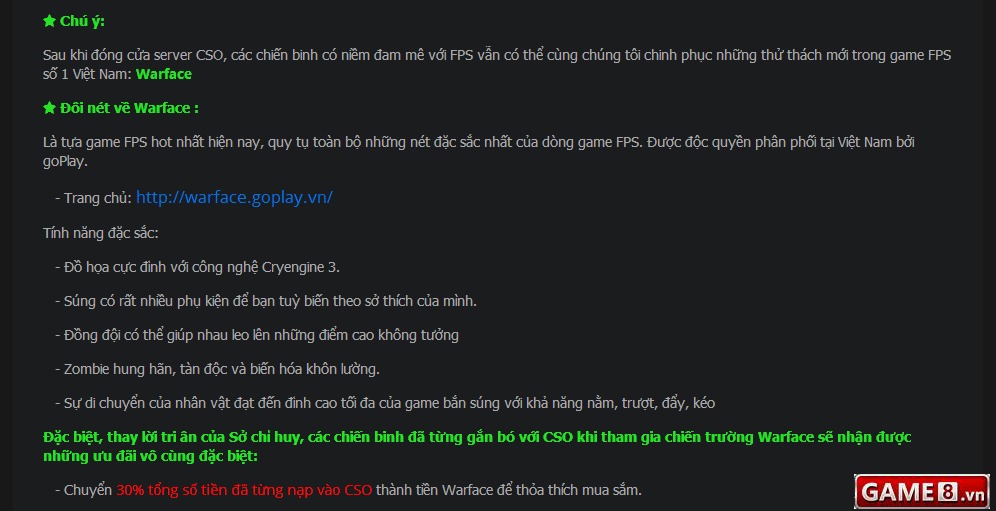 Ưu đãi game thủ có thể nhận được khi chuyển từ CSO sang Warface