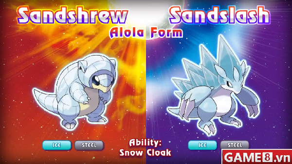 Sandshrew và Sandslash vùng Alola chuyển từ hệ đất sang hệ băng và thép