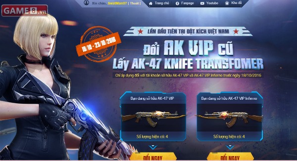 Giao diện website đổi AK-VIP cũ lấy AK-47 Transformers