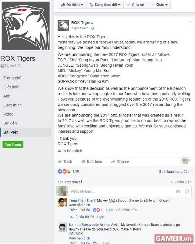LMHT: X&oacute;a tan tin đồn tan r&atilde;, ROX Tigers bất ngờ c&ocirc;ng bố đội h&igrave;nh tham dự LCK 2017