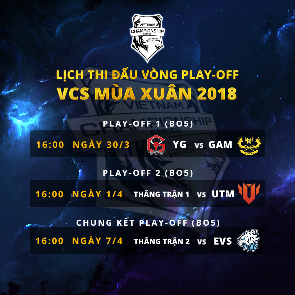 Lịch thi đấu Play-off giải đấu Liên Minh Huyền Thoại VCS Mùa xuân 2018