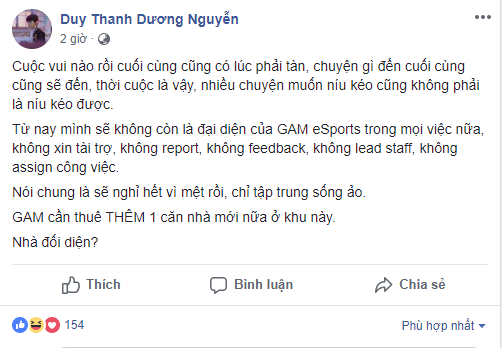 LMHT: Quá mệt mỏi, HLV Tinikun thông báo sẽ không còn là đại diện của GAM Esports nữa