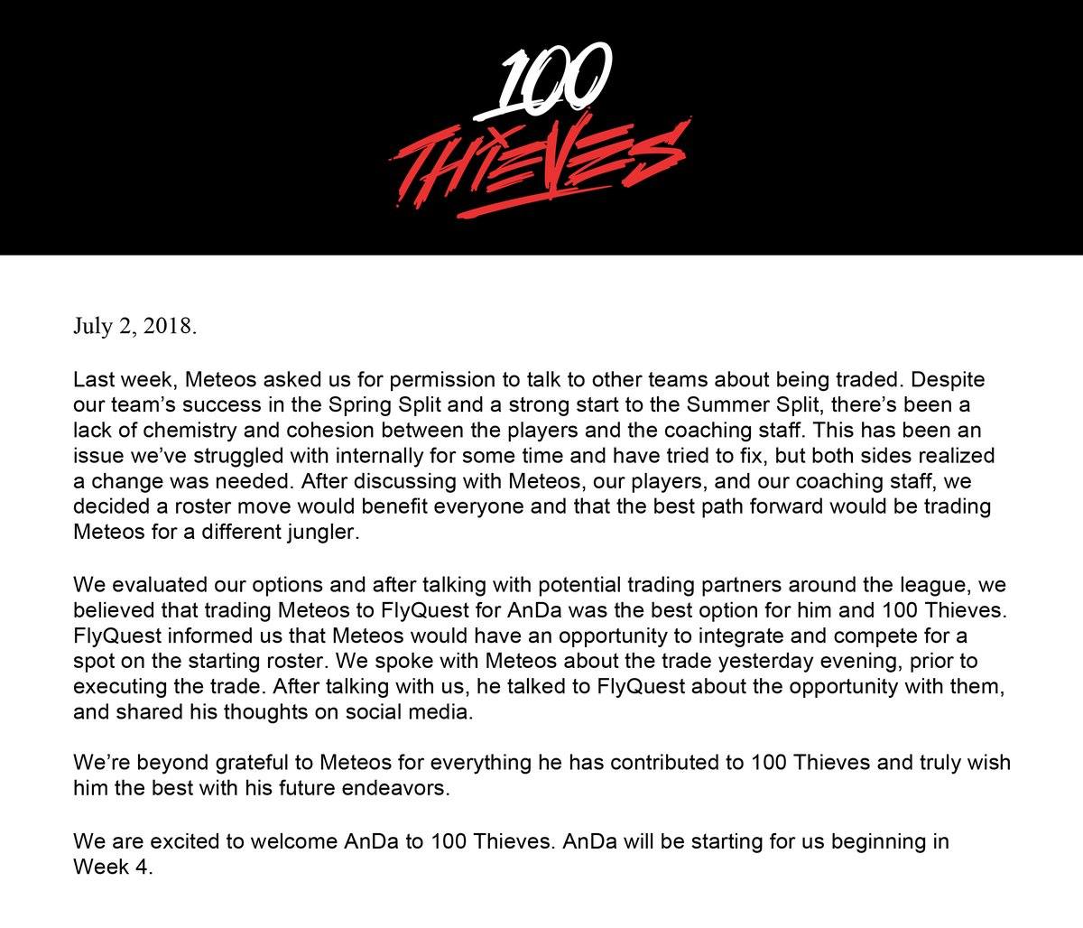 LMHT: 100 Thieves chính thức lên tiếng về vụ việc Levi thay thế Meteos thi đấu tại LCS sắp tới