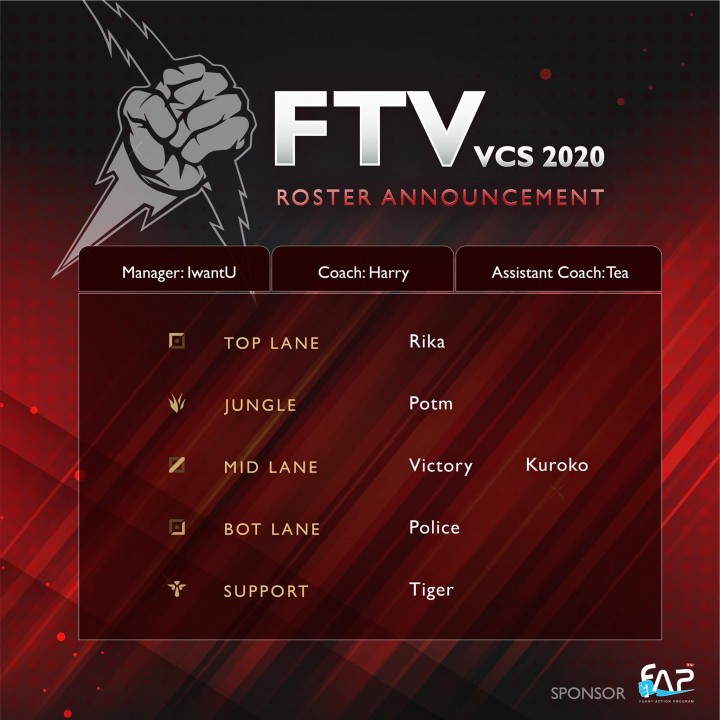 FTV công bố đội hình chính thức với Potm là tuyển thủ duy nhất được bổ sung