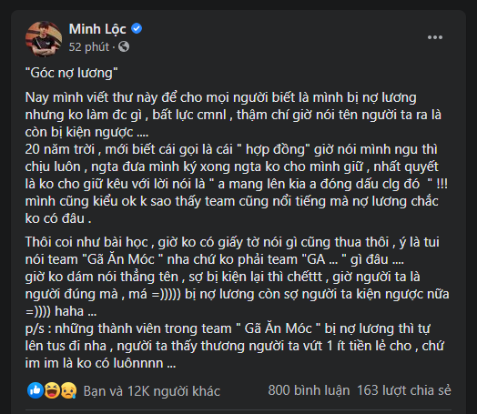 Bất lực vì nợ lương kéo dài, Zeros đăng bài tố GAM với lời nói đầy ngụ ý mỉa mai :” bị nợ lương còn sợ bị kiện ngược lại “ vô cùng hài hước