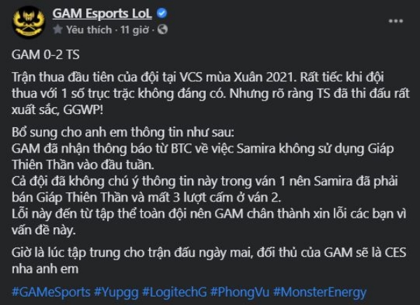 LMHT: GAM Esports lên tiếng về án phạt của BTC VCS sau trận thua đáng tiếc trước Team Secret