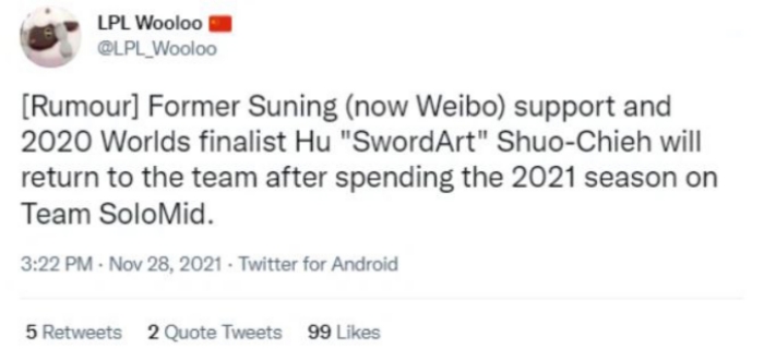 Truyền thông Trung Quốc đưa tin SwordArt comeback WBG (Suning cũ) sau khi rời TSM