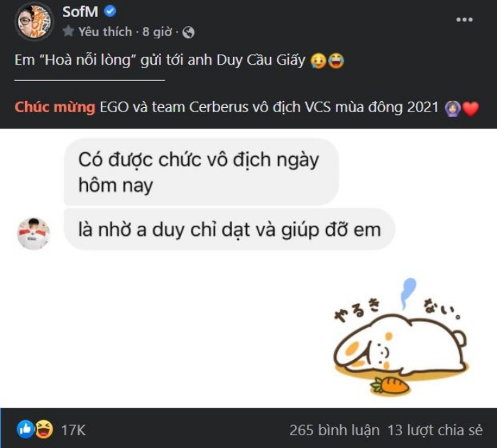 Fanpage SofM chia sẻ lại đoạn tin nhắn cảm ơn của EGO