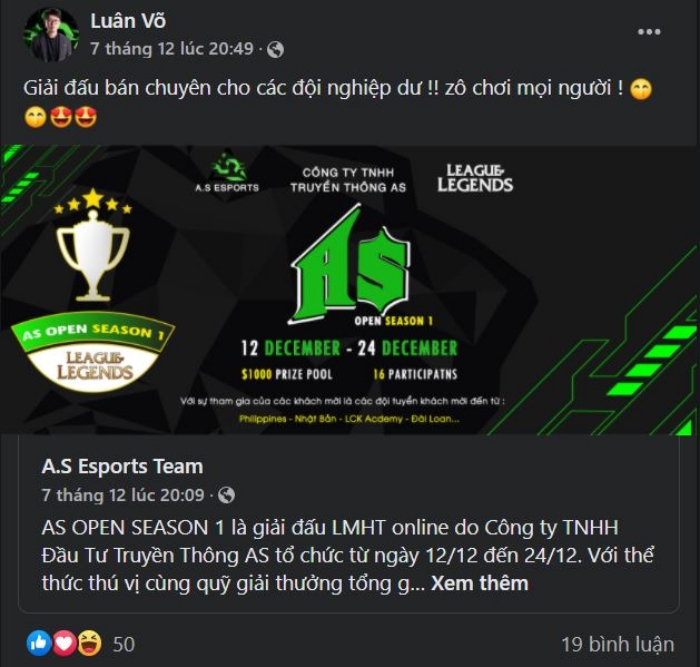 Trước đó Naul có chia sẻ giải đấu bán chuyên mà A.S Esports Team đang tham gia