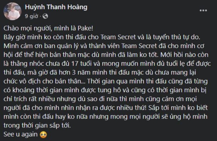 Pake thông báo trở thành tuyển thủ tự do và úp mở khả năng giải nghệ