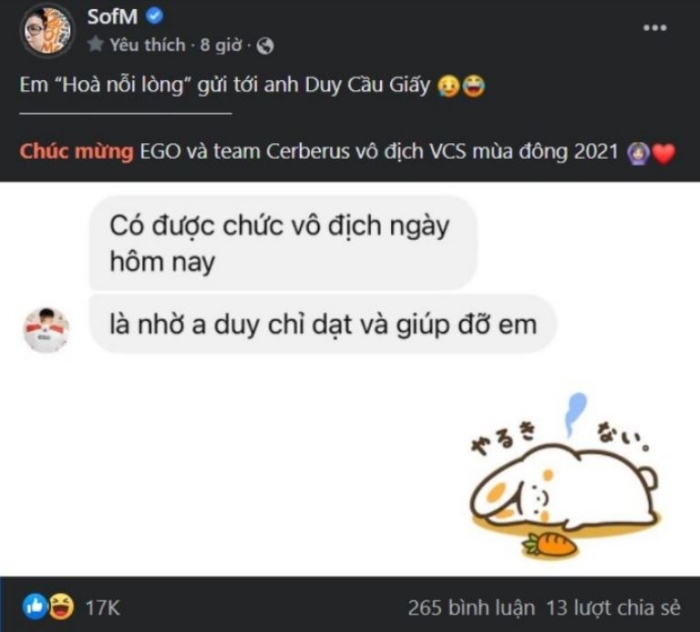 EGO gửi lời tri ân đến SofM ngay sau chức vô địch