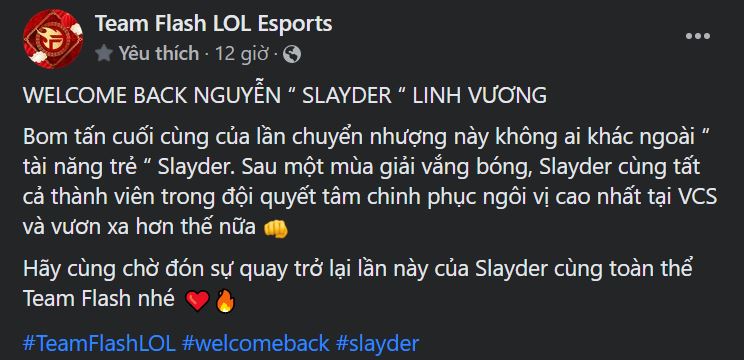 Team Flash đặt mục tiêu vô địch VCS Mùa Xuân 2022 với sự góp mặt của Slayder