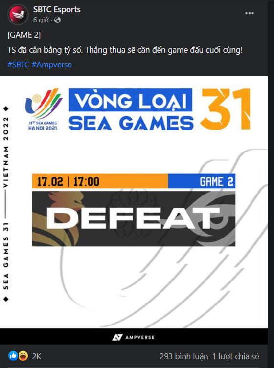Fanpage SBTC thông báo kết quả game 2 mặc dù trận đấu vẫn đang diễn ra