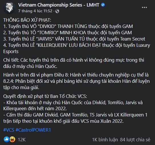 Divkid và Tomrio nhận án phạt từ BTC VCS vì hành vi toxic trong rank Hàn