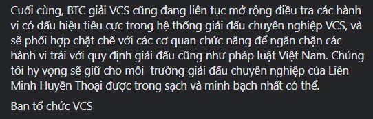 BTC tiếp tục điều tra các hành vi tiêu cực trong giải đấu VCS