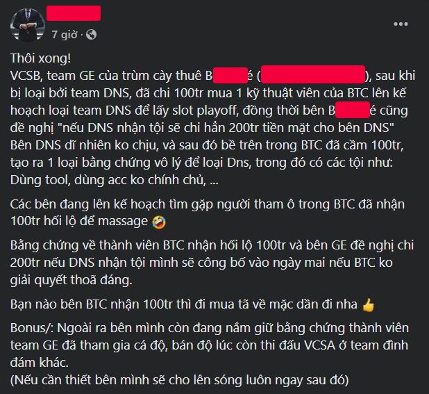 Bài viết tố cáo Genius Esports 