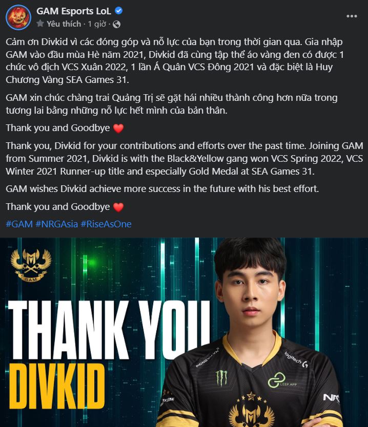 GAM Esports nói lời chia tay với Divkid