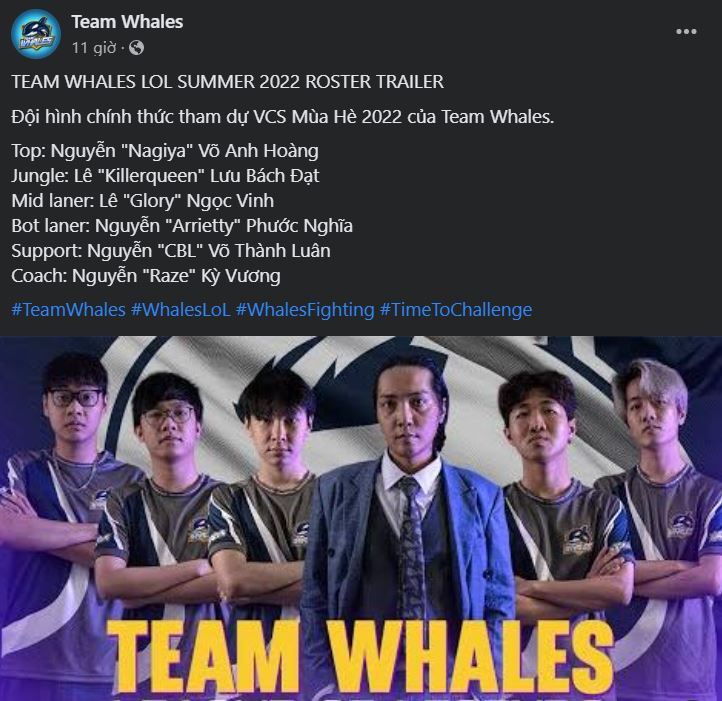 Đội hình thi đấu chính thức của Team Whales tại VCS Mùa Hè 2022