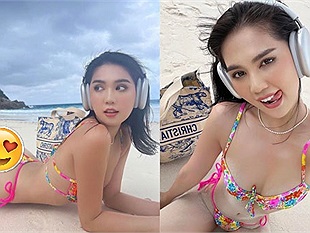 Ngọc Trinh tạo dáng khoe body nuột nà sau lùm xùm để trai trẻ "bóp" vòng 3 giữa biển