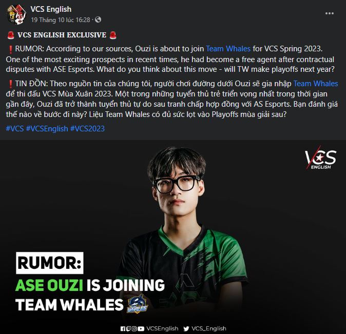 Theo VCS English, xạ thủ Ouzi sẽ gia nhập Team Whales