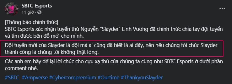 Fanpage SBTC Esports đăng bài chia tay thiếu tôn trọng Slayder