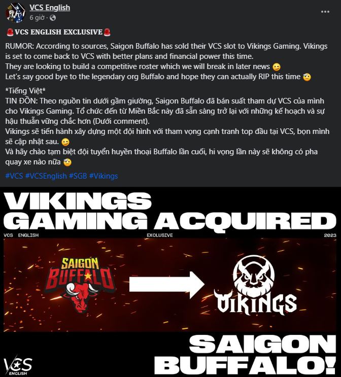 Nguồn tin của VCS English cho biết SGB đã bán slot VCS thành công cho Vikings Gaming