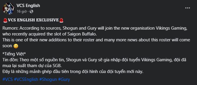 Theo VCS English, Shogun và Gury sẽ gia nhập Vikings Gaming, đội tuyển mua lại suất VCS của SGB