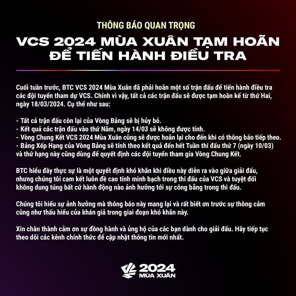 Thông báo chính thức từ BTC VCS 2024 Mùa Xuân
