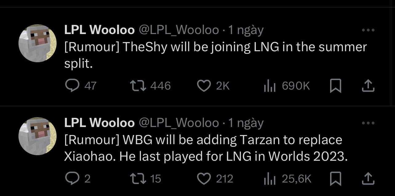 Nguồn tin từ LPL Wooloo cho biết TheShy sẽ gia nhập LNG và thi đấu tại LPL Mùa Hè 2024
