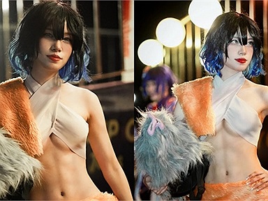 Nữ cosplayer xinh đẹp khoe sức mạnh và sự quyến rũ trong trang phục Inosuke từ Demon Slayer