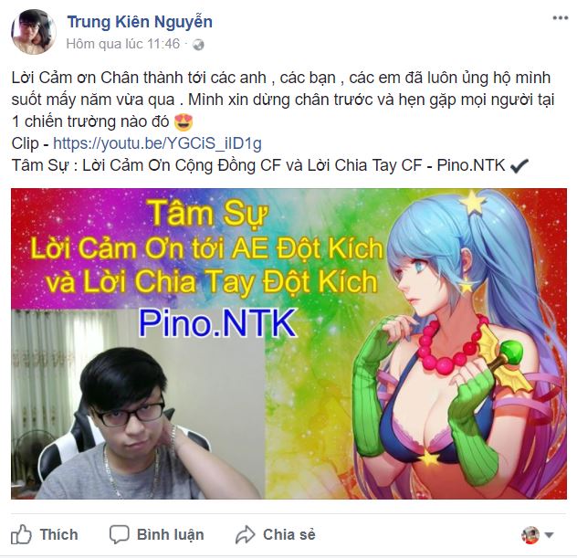 Youtuber nổi tiếng Pino N.T.K bất ngờ nói lời chia tay Đột Kích khiến fan rơi nước mắt