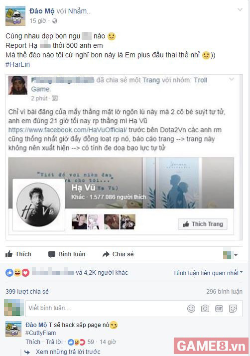 Cộng đồng game thủ đánh sập fanpage ngôn tình Hạ Vũ