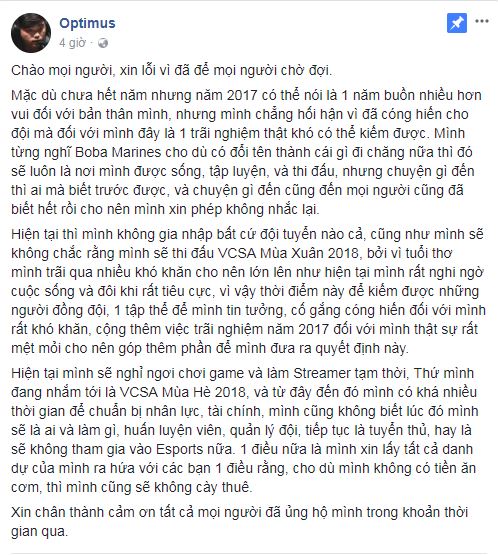 LMHT: Optimus viết tâm thư sẽ rút khỏi VCSA Mùa Xuân 2018 và không gia nhập bất kỳ đội tuyển nào