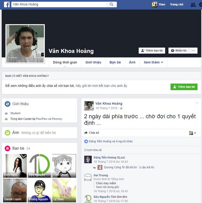 Sock: PewPew bị hack Facebook từ Van Khoa Hoang bỗng dưng trở thành Dương Công Trí